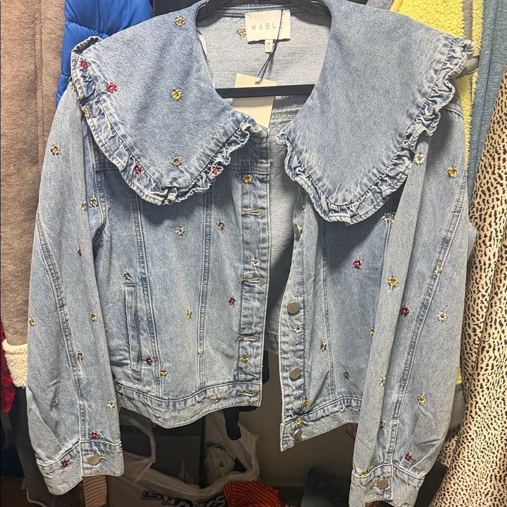 MARBLE Light Blue Embroidered Ruffle-Collar Denim Jacket